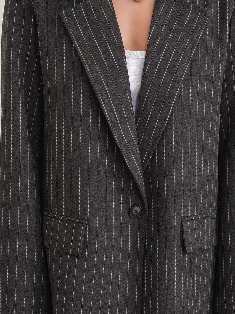 MixRay Charcoal Grey MIXRAY Striped Oversize Blazer for Women | Best Price UAE